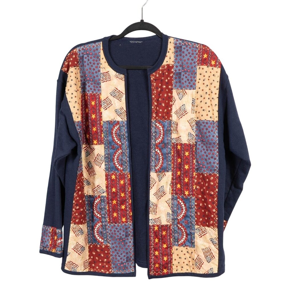 Patriotic Patchwork Cardigan Sweatshirt L Blue Red July 4th USA 90s Mom Flags